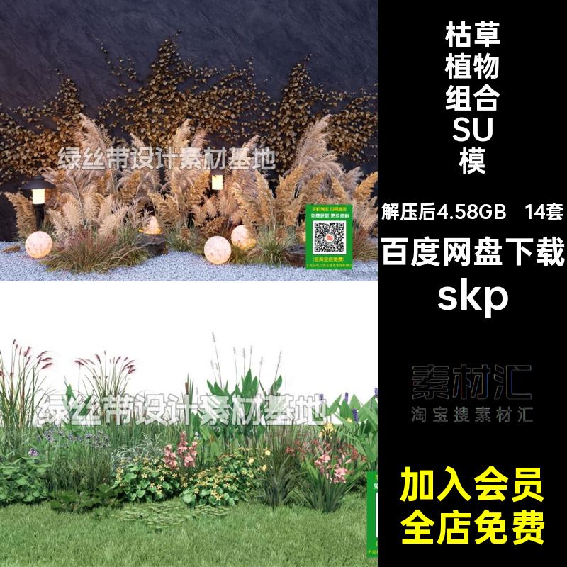 14套造景植物组合SU模型美大师陈干草狼尾草枯草芦苇草图麦穗露营