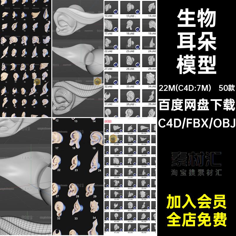 野兽生物动物精灵耳朵形状组件C4D模型3D立体素材obj格式fbx白模