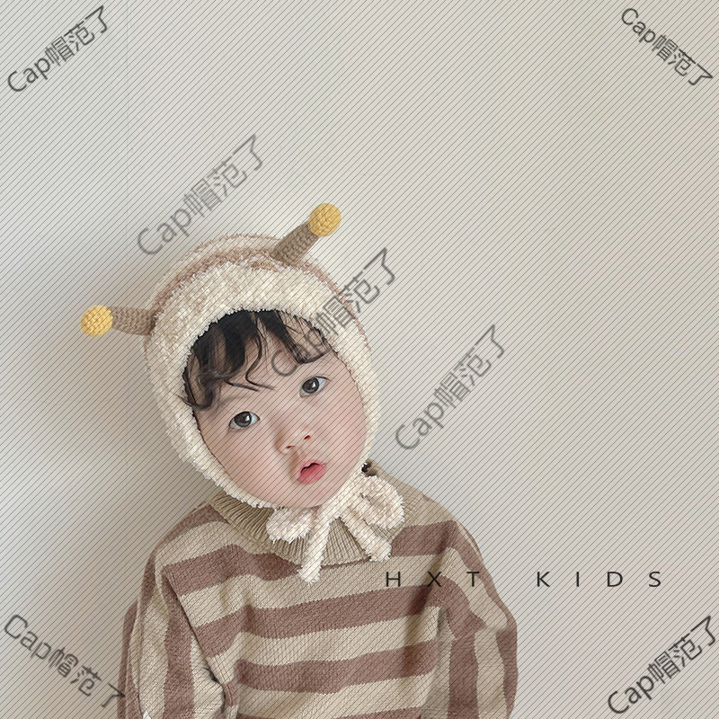 可爱小蜜蜂毛绒婴儿帽子秋冬季婴幼儿宝宝柔软面料保暖系带护耳帽