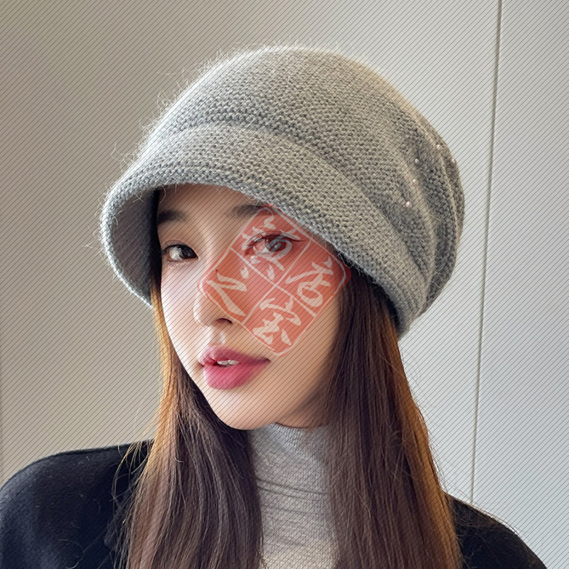 简约系兔毛针织堆堆帽麻花纹理珍珠毛线帽子韩版潮流简约套头帽女