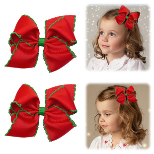 欧美儿童宝宝中号时尚 彩色勾边罗螺纹布立体蝴蝶结头花发夹13cm