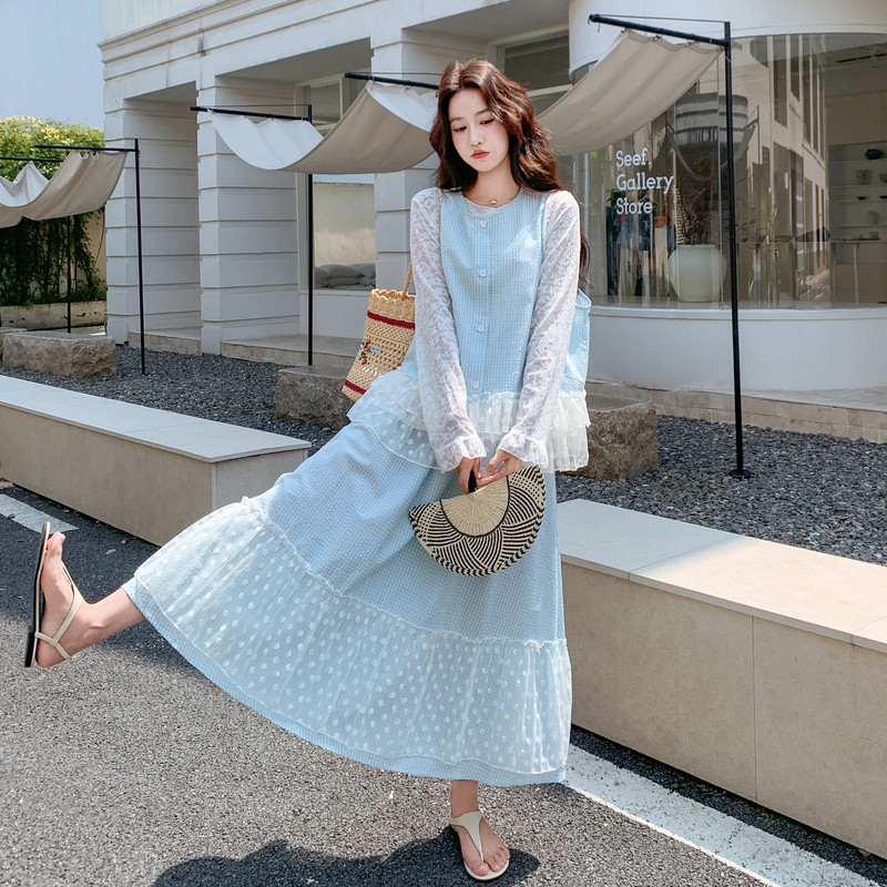 韩系设计感蓝色马甲蕾丝上衣套装女2026新款夏日精致半身裙三件套