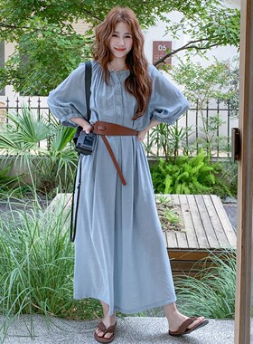 蓝色A字连衣裙女2026夏新款法式度假风收腰气质显瘦绝美海岛长裙