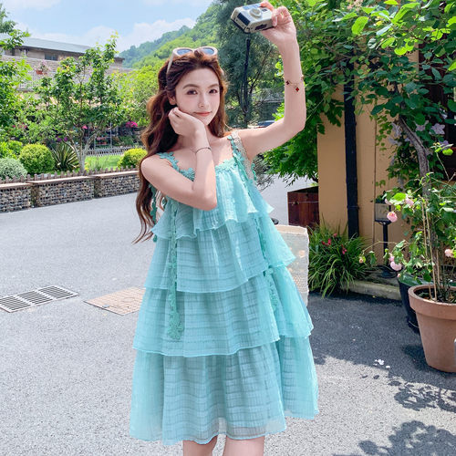 夏季多巴胺花边飘带无袖连衣裙