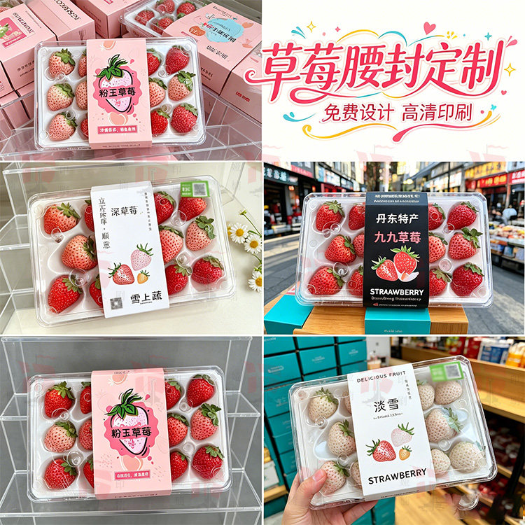 印刷丹东草莓盒腰封定制盒子手提卡套腰封设计水果封条蓝莓标贴纸