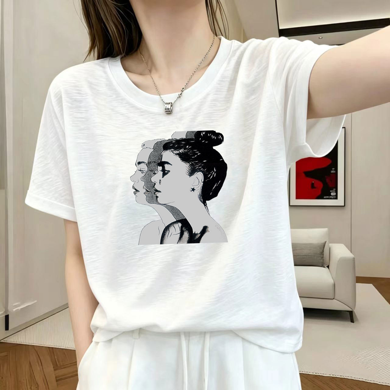 100%竹节棉大码圆领短袖t恤女夏季新款印花时髦潮流女士印花上衣