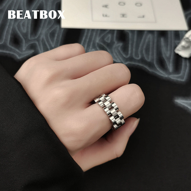 BEATBOX戒指女ins小众设计感钛钢男潮冷淡风嘻哈欧美个性表带指环