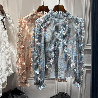 立领衬衣时尚压褶碎花上衣