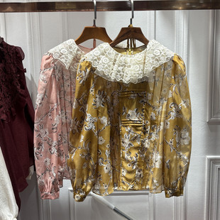 复古印花娃娃领泡泡袖 南油2026春季 法式 女装 蕾丝拼接内搭上衣 新品
