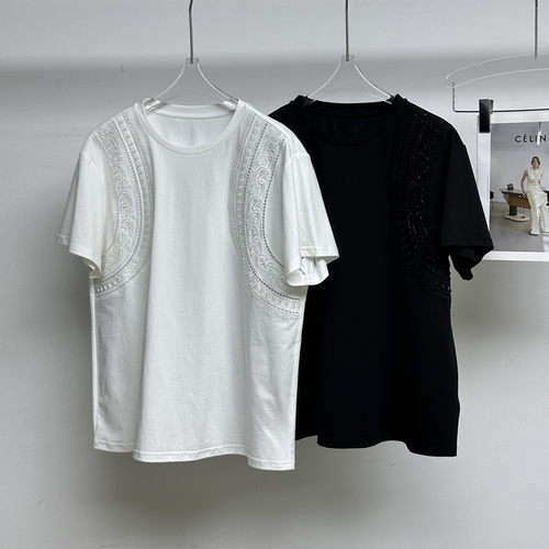 刺绣钉珠精梳纯棉短袖T恤上衣