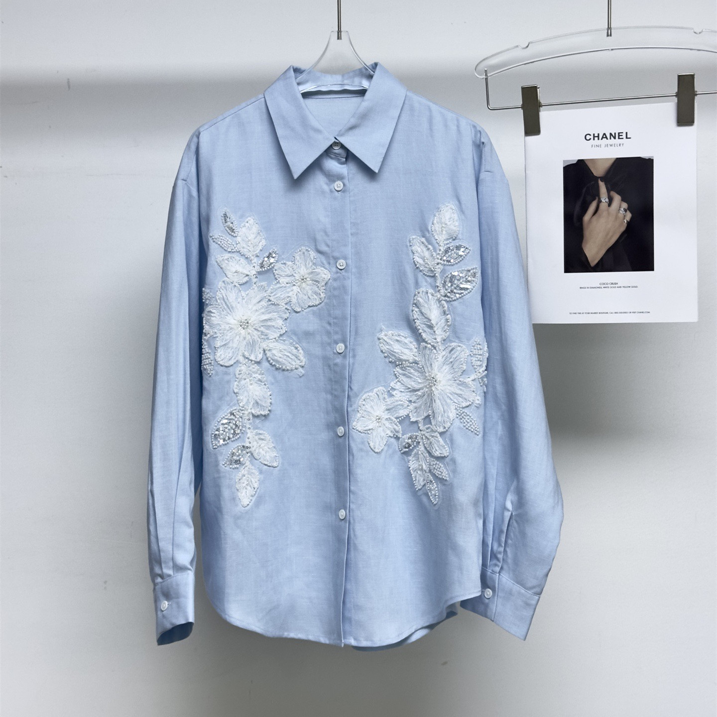 南油秋季新品女装天丝亮片中长款衬衫新款钉珠百搭宽松显瘦上衣潮