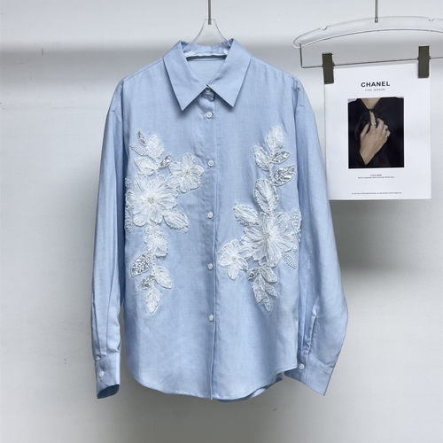 南油秋季新品女装天丝亮片中长款衬衫新款钉珠百搭宽松显瘦上衣潮