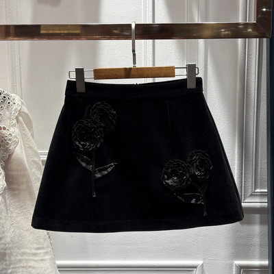 花朵A字丝绒短裙半身裙