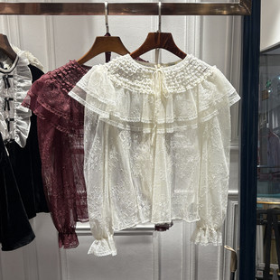 宽松显瘦蕾丝衫 南油26春秋新品 泡泡长袖 复古系带圆领法式 上衣 女装