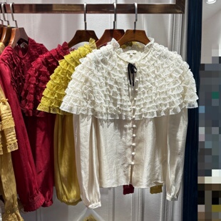 南油2026春季新品女装法式轻奢木耳边长袖衬衫宽松减龄宫廷风上衣