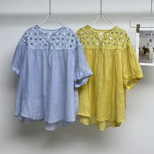 法式重工镂空钩花拼苎麻衬衫