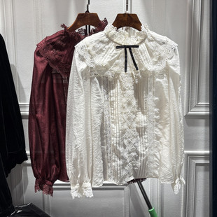 南油2026春秋新品女法式复古宫廷风荷叶边蝴蝶结拼蕾丝衬衫打底衫