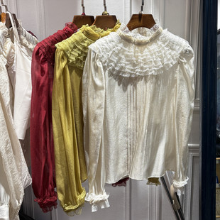 新品 设计感褶皱宽松长袖 女装 法式 上衣 蕾丝边工艺衬衫 南油2026春季
