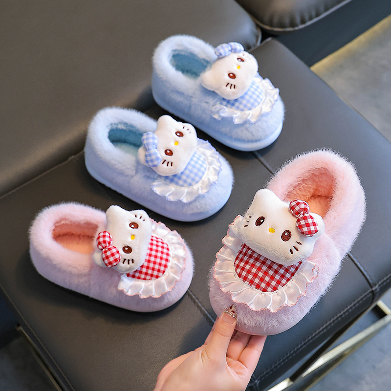 可爱卡通凯蒂猫女童棉拖鞋冬季保暖防滑居家小孩家用女毛毛拖鞋