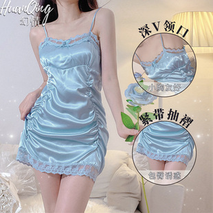 幻情性感纯欲睡衣吊带裙蕾丝缎面刺绣褶皱睡裙女士内衣家居服套装