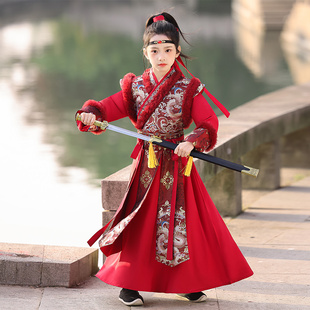女童汉服冬装酒红色长款加厚加绒儿童古装侠客花木兰中国风秋冬季