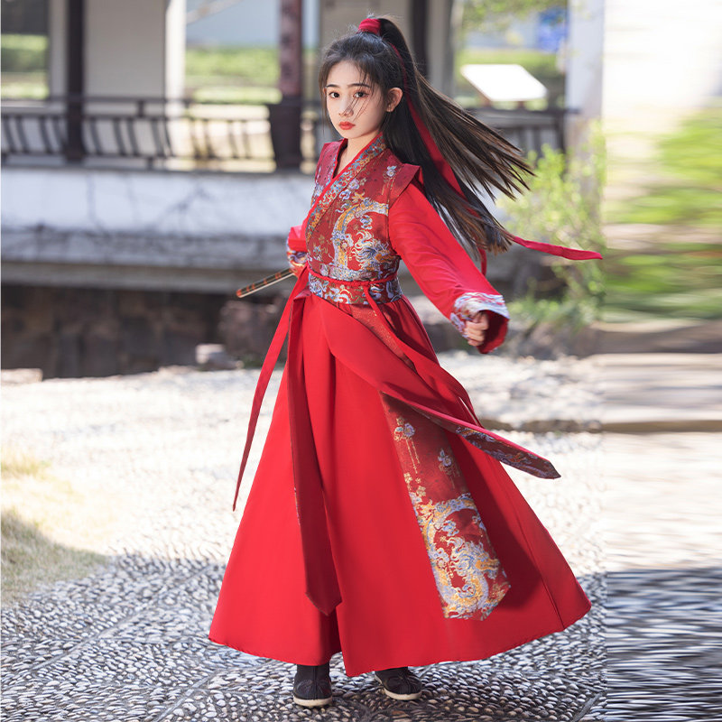 儿童花木兰服装女童汉服红色古装