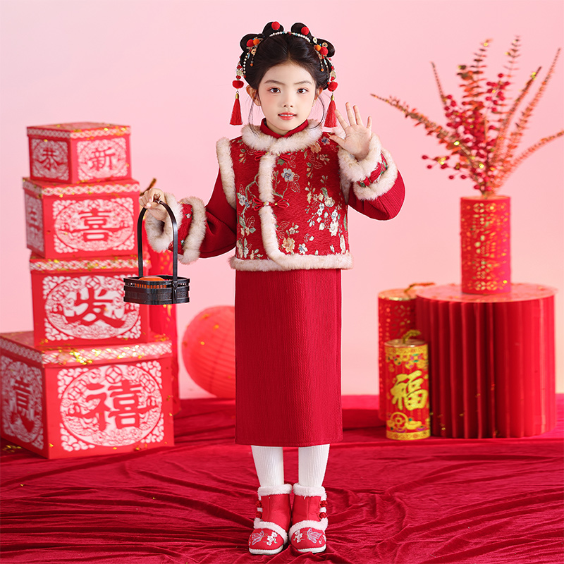 女童唐装冬款旗袍红色公主裙加绒