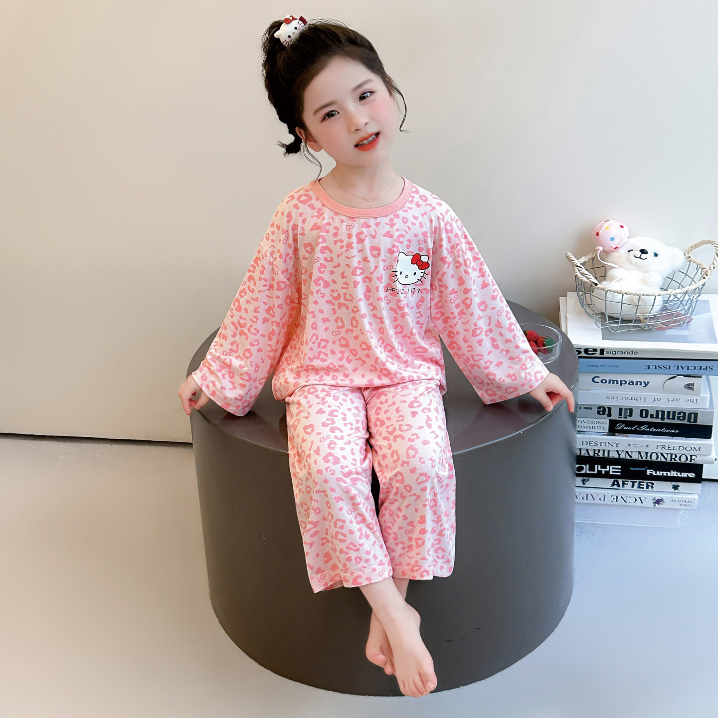 女童睡衣莫代尔春秋2026新款长袖薄款夏季宝宝女孩儿童豹纹家居服