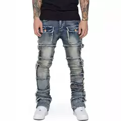 Men's Denim Workwear Straight-Leg Pants European and American Fashion ins Hot-Selling Stretch Patch Denim Layered Slightly Flared Men's Pants