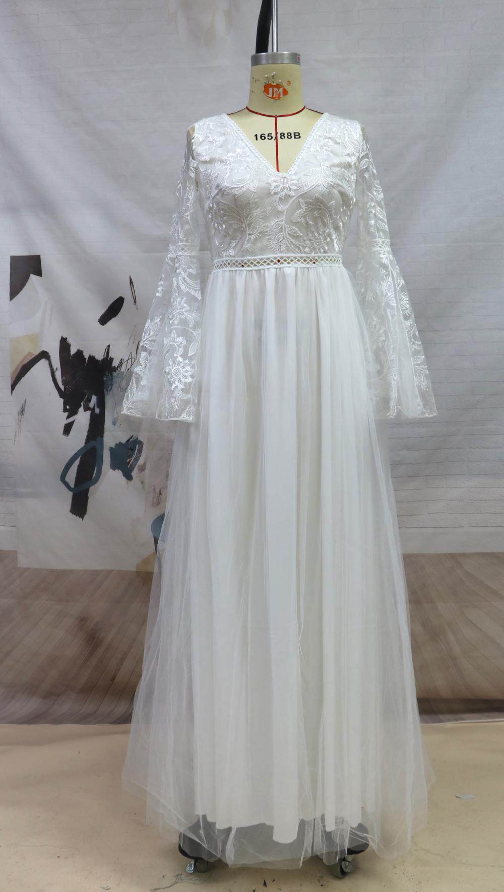 새로운 숙녀 레이스 깊은 V 혼 슬리브 화이트 이브닝 가운 레이스 스커트