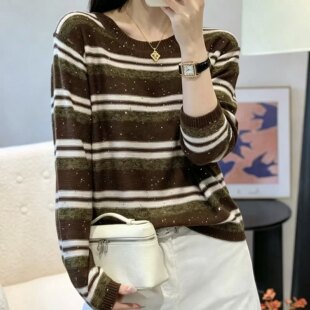 春秋韩版条纹亮片圆领针织衫女长袖宽松百搭显瘦毛衣软糯休闲上衣