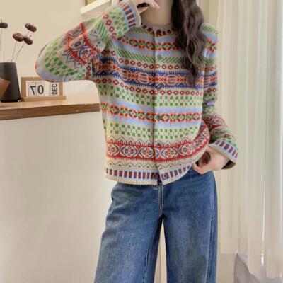 费尔岛复古民族风单排扣针织开衫