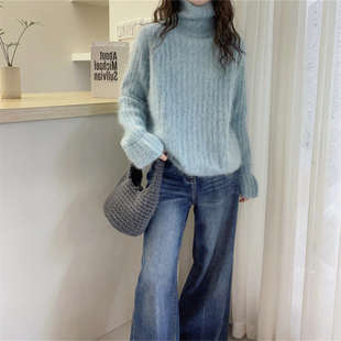 欧货慵懒风高领雾霾蓝女2026秋冬长袖宽松套头毛衣显瘦保暖针织衫