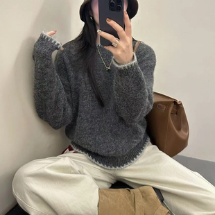 2025秋冬新款 上衣 羊毛拉绒圆领宽松慵懒风软糯亲肤针织毛衣打底衫