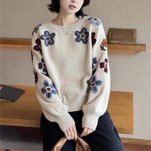 宽松毛衣女套头针织衫 立体刺绣花朵圆领羊绒衫 灯笼袖 新款 女秋冬季