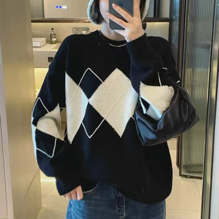 菱格撞色软糯毛衣女秋冬新款设计感小众内搭针织打底衫慵懒风上衣