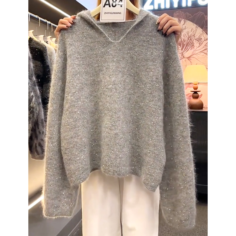 秋冬极简风连帽亮片宽松针织毛衣