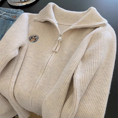 春秋双拉链宽松加厚翻领针织开衫