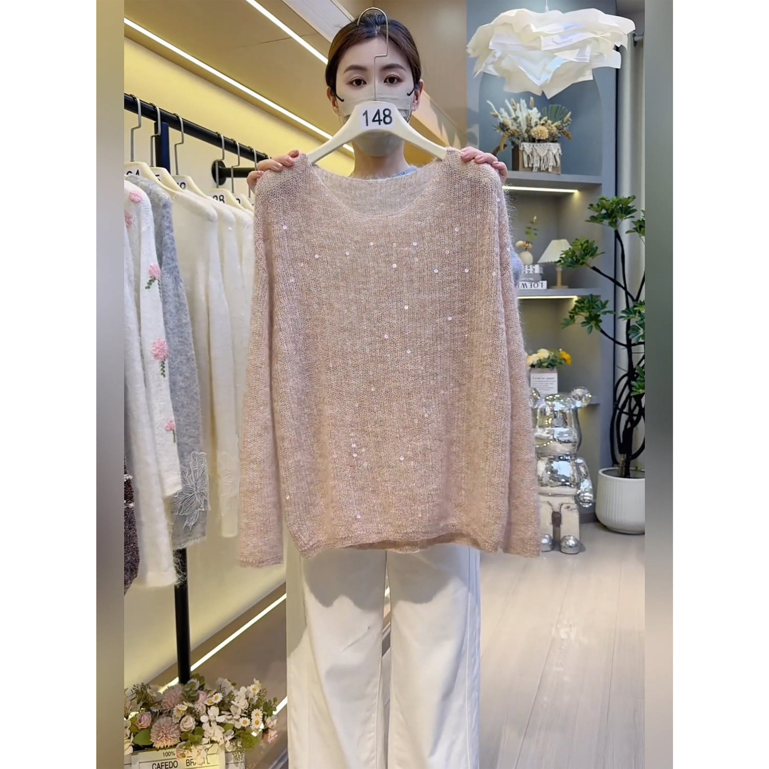 早秋韩系慵懒风亮片宽松针织衫女图片