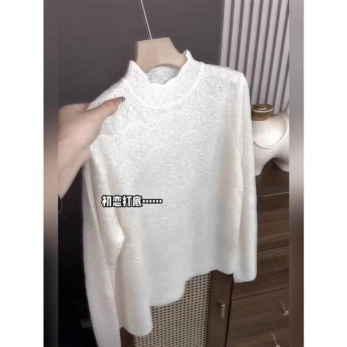 韩版宽松半高领蕾丝提花针织衫女