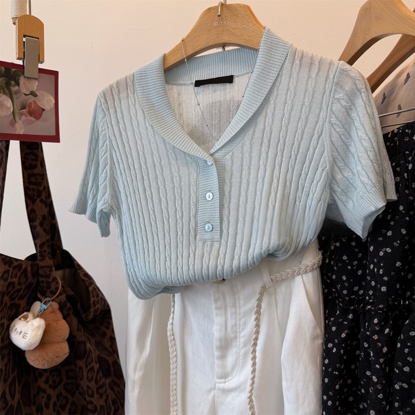 夏季韩系青果翻领麻花纹短袖针织衫女薄款冰丝小个子短款凉爽上衣