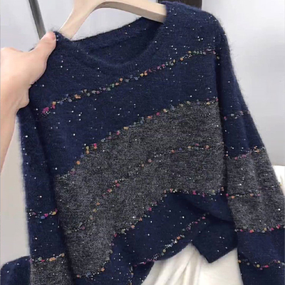 洋气高级时尚藏蓝色长袖针织衫女