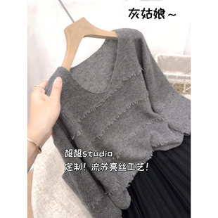 春秋韩系慵懒风圆领长袖针织衫女灰色软糯毛衣流苏显瘦百搭上衣潮