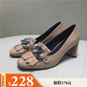 特价欧美糖果色粗跟高跟鞋女漆皮流苏真皮粗链条方头时尚单鞋38码