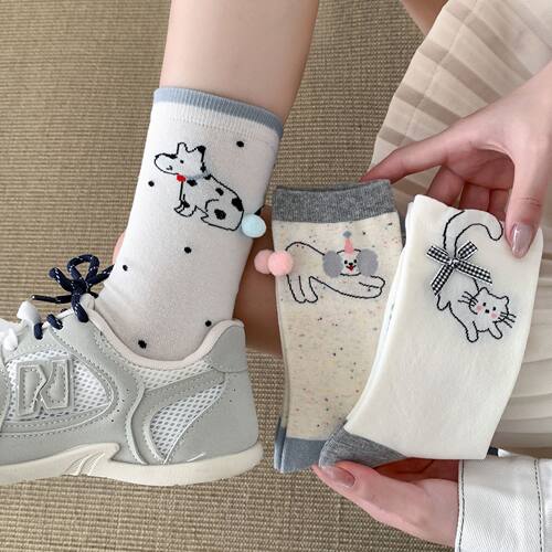 俏皮Q爱~春夏立体尾巴毛球无骨棉袜卡通动物蝴蝶结猫咪小狗中筒袜