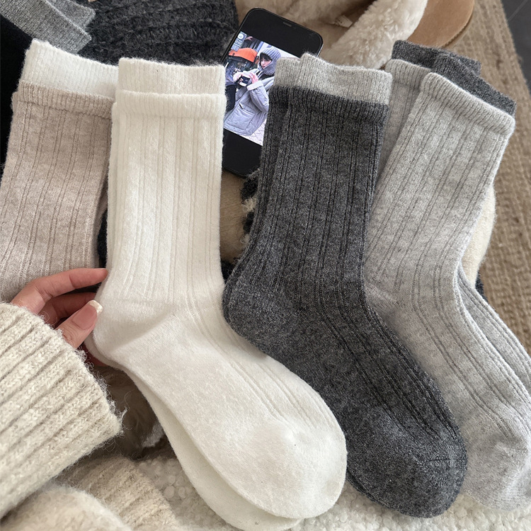 白色保暖袜秋冬加绒加厚袜子女保暖罗口撞色暖绒中筒袜女袜堆堆袜