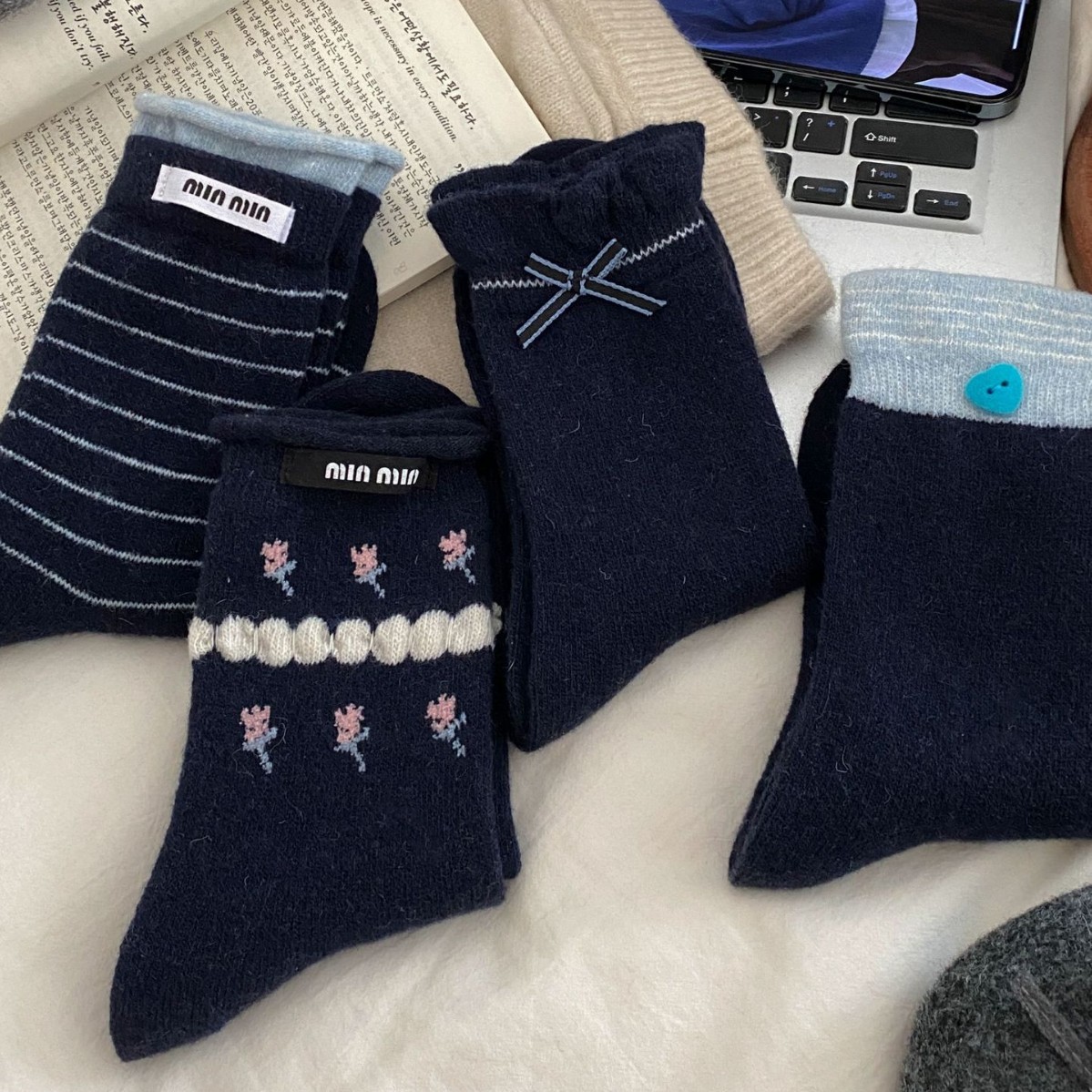 秋冬浪漫藏青色~加厚保暖羊毛袜子碎花布标无骨堆堆袜ins条纹袜子