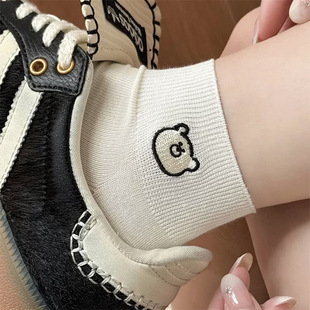 薄款 白色袜子女纯棉无骨短筒袜夏季 ins潮可爱小熊刺绣中筒袜夏天