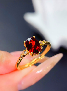 天然石榴石戒指女S925纯银