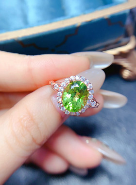 天然橄榄石戒指女S925纯银时尚个性清新黄绿宝石指环开口饰品日韩